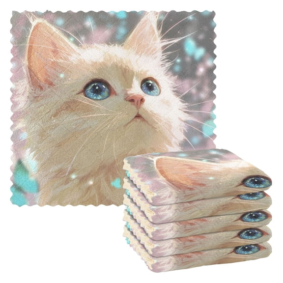 6 Pieces of Kitchen Towels 11x11Inch Kitchen Dish Cloths Kitchen Dish Towels Reuseable Cleaning Cloths White Adorable Cat