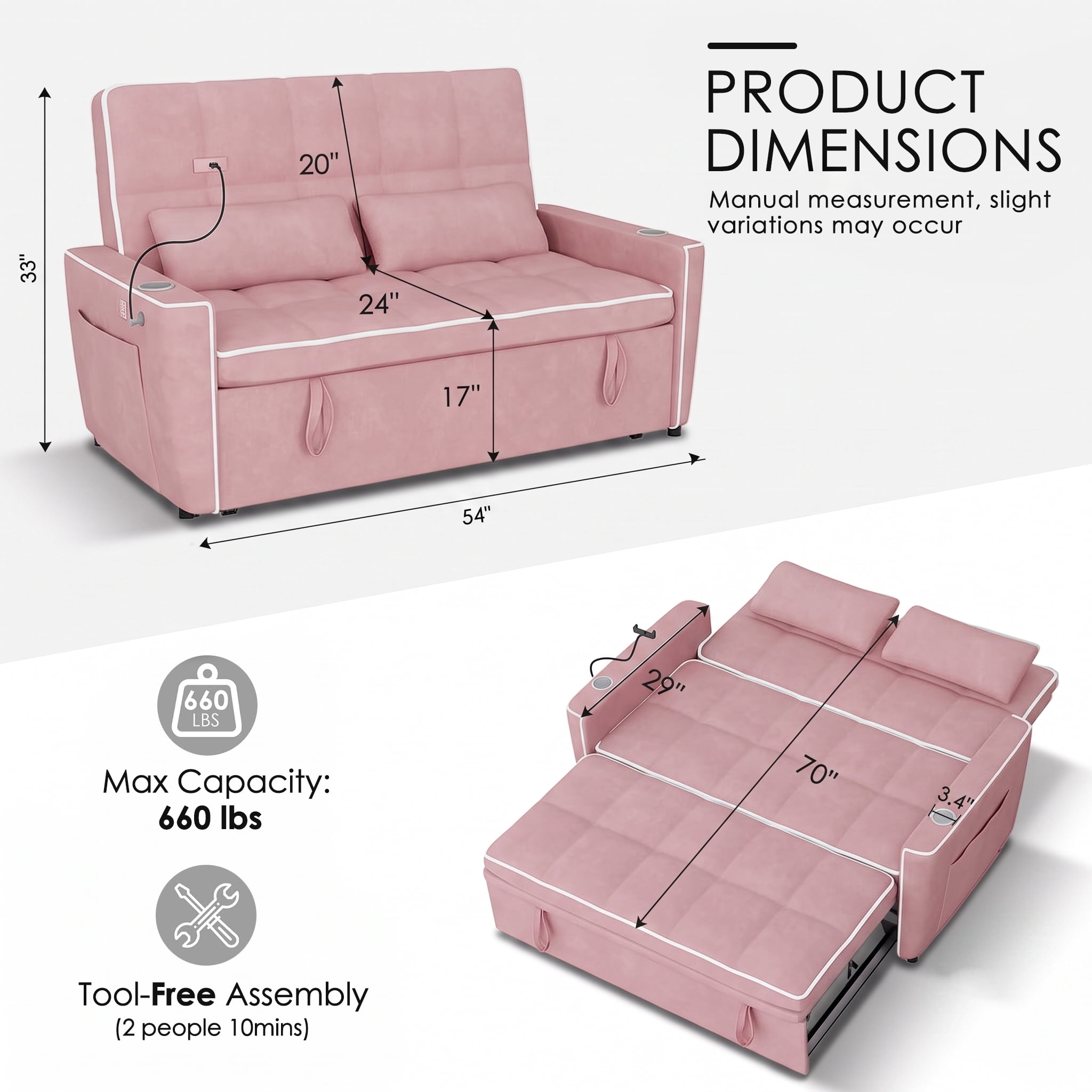 AISWORD 54" Convertible Sleeper Sofa Bed, Pull Out Loveseat Couch with USB Port, Phone Holder & Cup Holder, Adjustable Backrest for Apartment, Living Room, Office, Pink