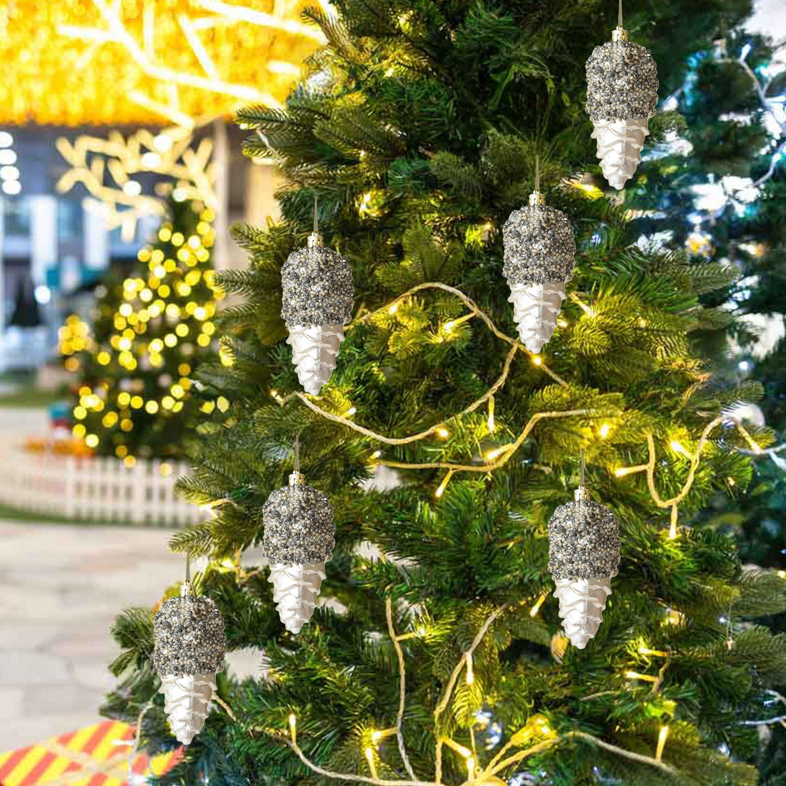 8 PCS Christmas Tree Decorations Hanging Pinecone Ornament,Fall Hanging Glitter Pine Cone Balls,Vintage Small Mini Christmas Baubles Ornaments for Thanksgiving Xmas Tree DIY Crafts