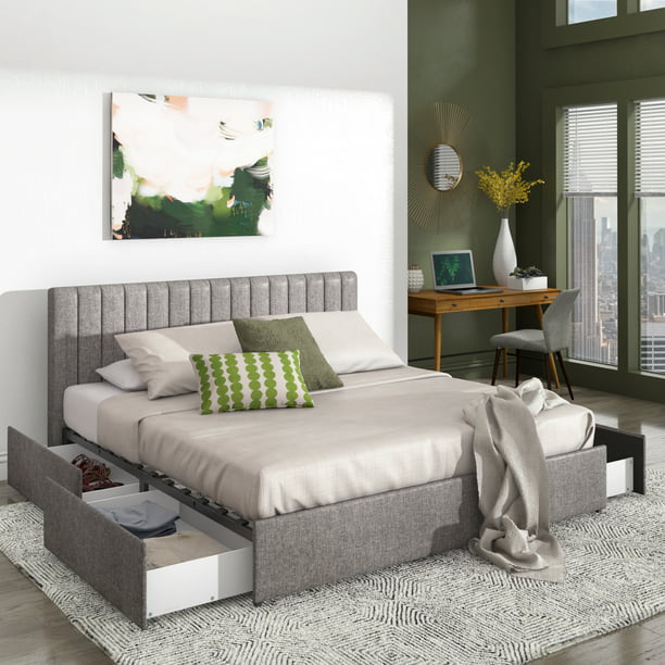 King Bed With Channel Headboard, Grey Upholstered King Bed With Storage