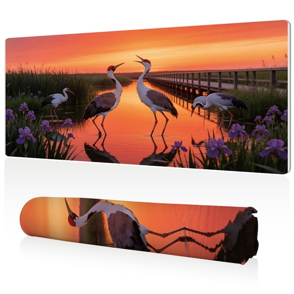 LIVEKEY Mouse Pad 80x40x0.3cm Cranes at Sunset Wetland Scene Design Extra Large Full Desk Coverage Non Slip Durable Easy Clean Stitched Edges for Gaming and Office