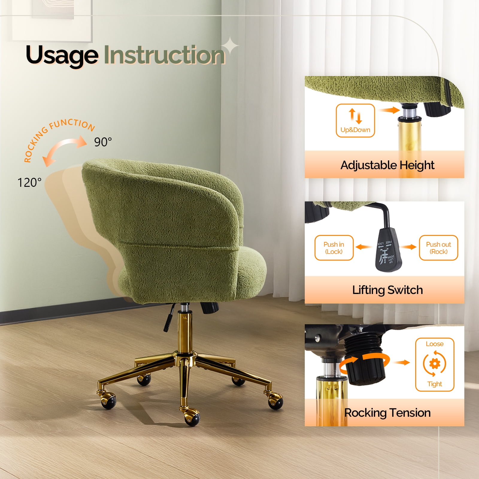 UBesGoo Modern Swivel Accent Chair, Flannel Makeup Vanity Chair, Highly Adjustable Desk Chair for Living Room Dorm Office, Green