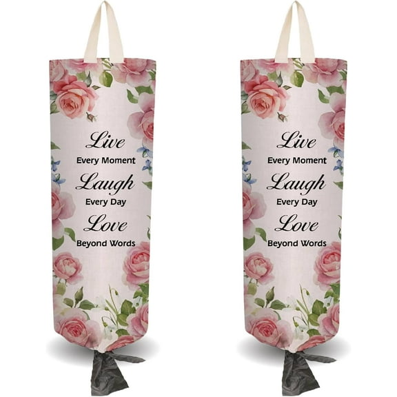 2Pcs Cloth Plastic Bag Holder Rose Theme 4 Adhesive Hook Grocery Pull Rope Free Adjustment Reusable Organizer Washable Wall Mount Hanging Storage Dispenser for Cabinet Home Kitchen Pantry