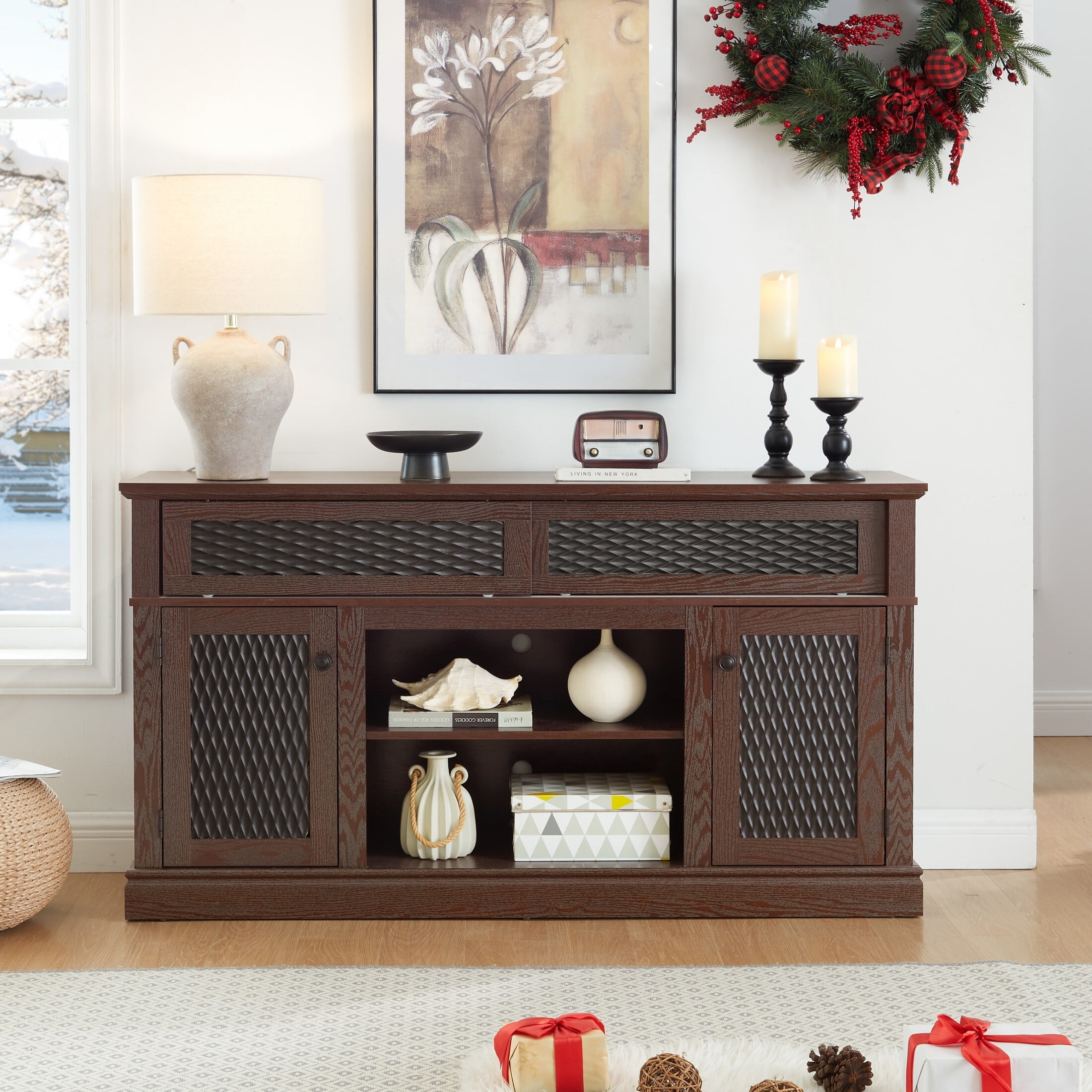 DEALTOPS Vintage TV Stand with Embossed Patterns, Console Table with Adjustable Shelves for TVs Up to 65'', Cherry