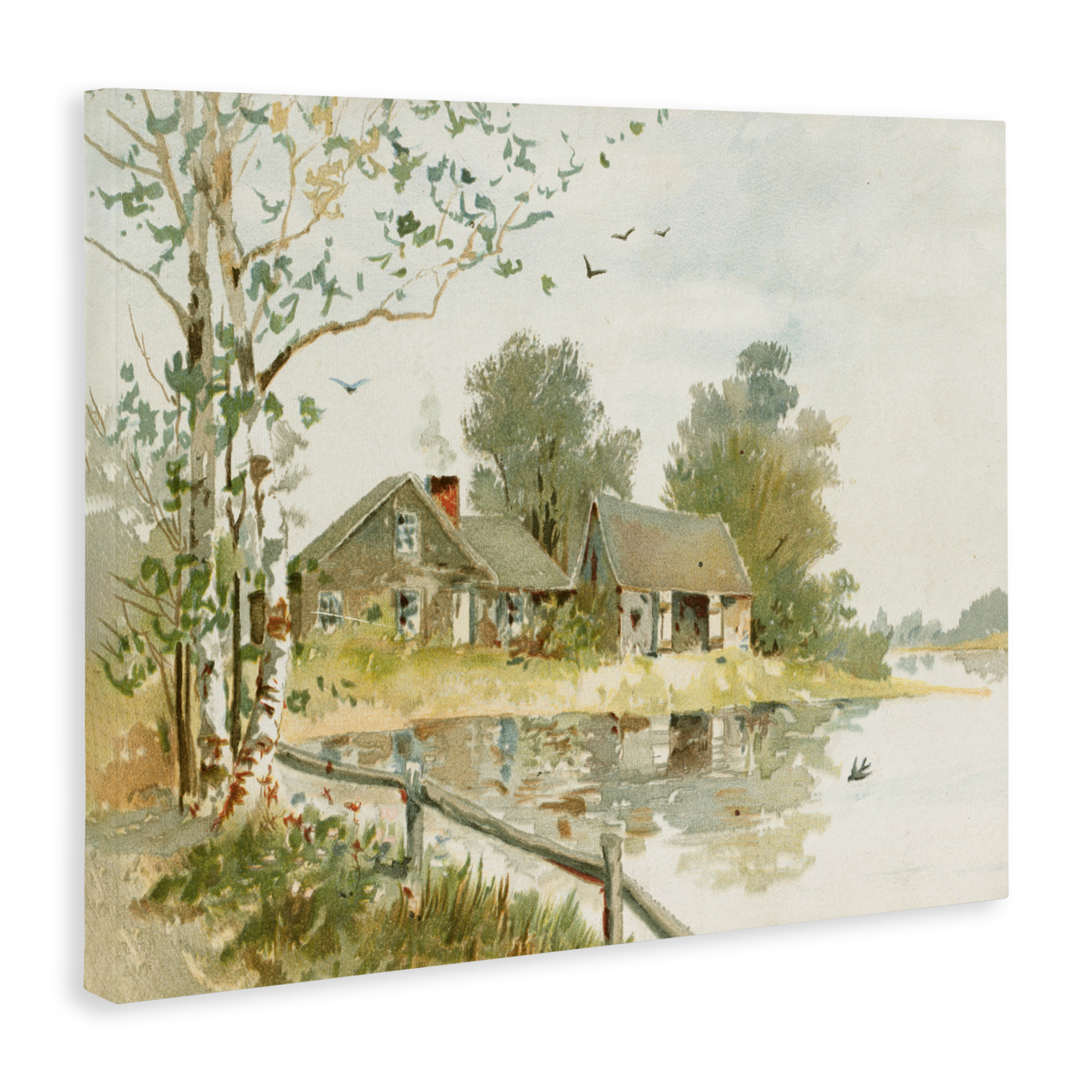 Cabin Along River's Edge Canvas Wall Art, design by Lettered and Lined