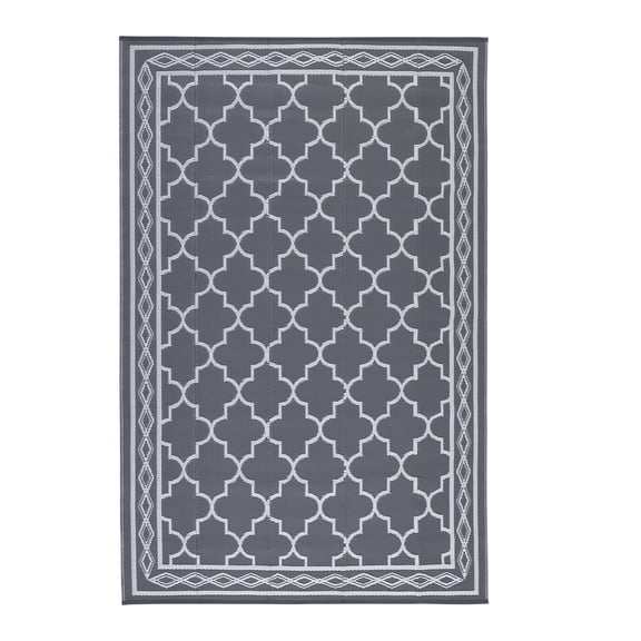 9x18 ft Reversible Outdoor Rug, Waterproof Plastic Straw Patio Mat, UV Resistant Easy-Clean Outdoor Area Rug with Bound Edges, Foldable Camping RV Deck Porch Balcony Picnic Rug, Gray/White