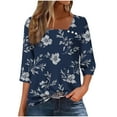 thumbnail image 2 of Tops for Women Plus Size Printed V-Neck 3/4 Sleeve Button Skew Collar Blouses Casual T-shirt Navy XXL, 2 of 5