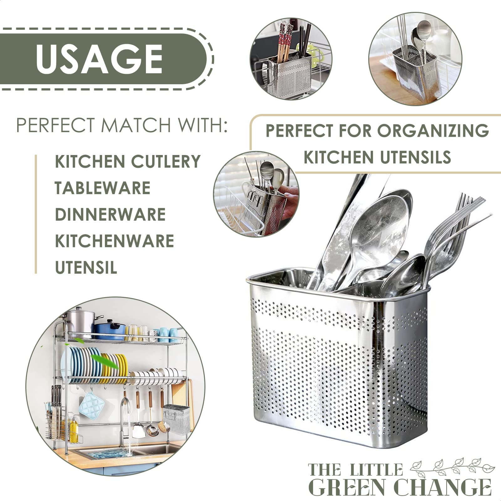 Kitchen Utensils Chopsticks Holder Drying Rack Basket With Hooks 2 Divided Compartments Quality Stainless Steel Large L5.4 X H4.3 W2.6