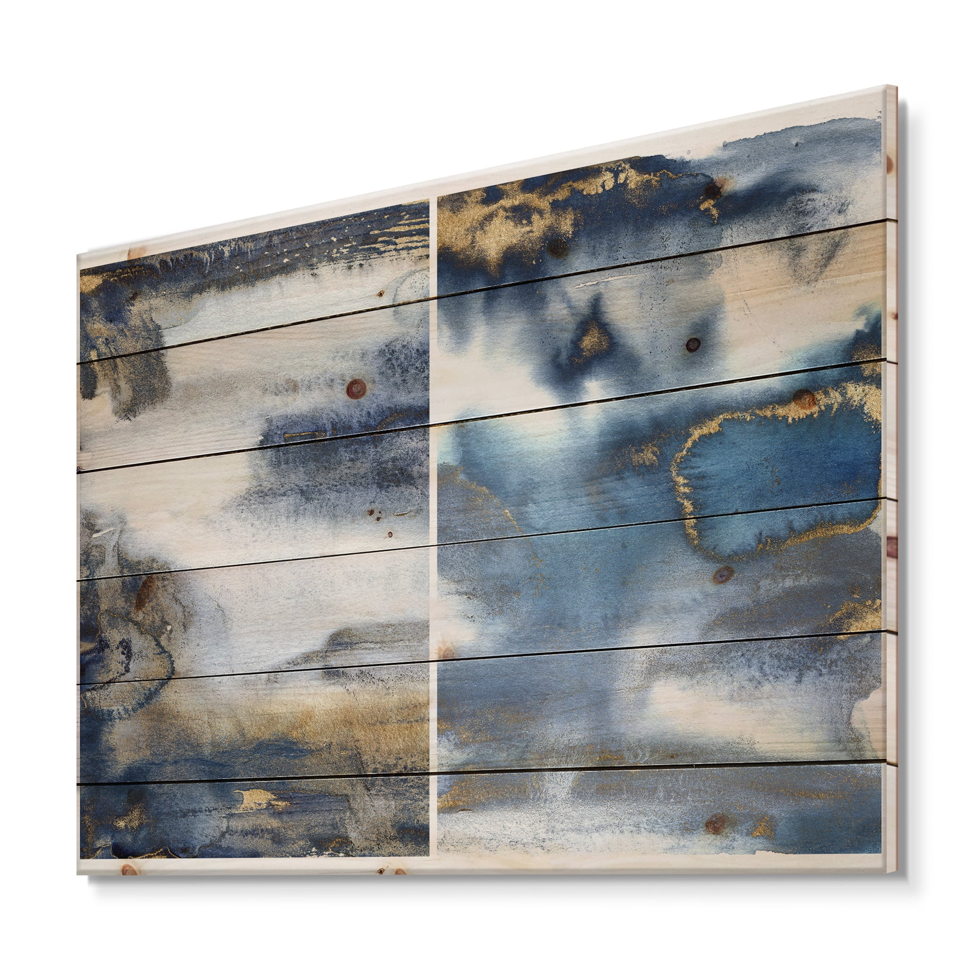 Designart 'Gold and Dark Blue Abstract Waves I' Modern Print on Natural Pine Wood