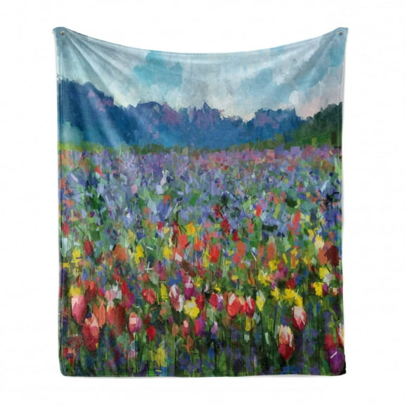 Art Soft Flannel Fleece Blanket, Rural Landscape with Bunch of Tulip Flower Spring Meadow Refreshing Botany Blurry Image, Cozy Plush for Indoor and Outdoor Use, 50" x 60", Multicolor, by Ambesonne