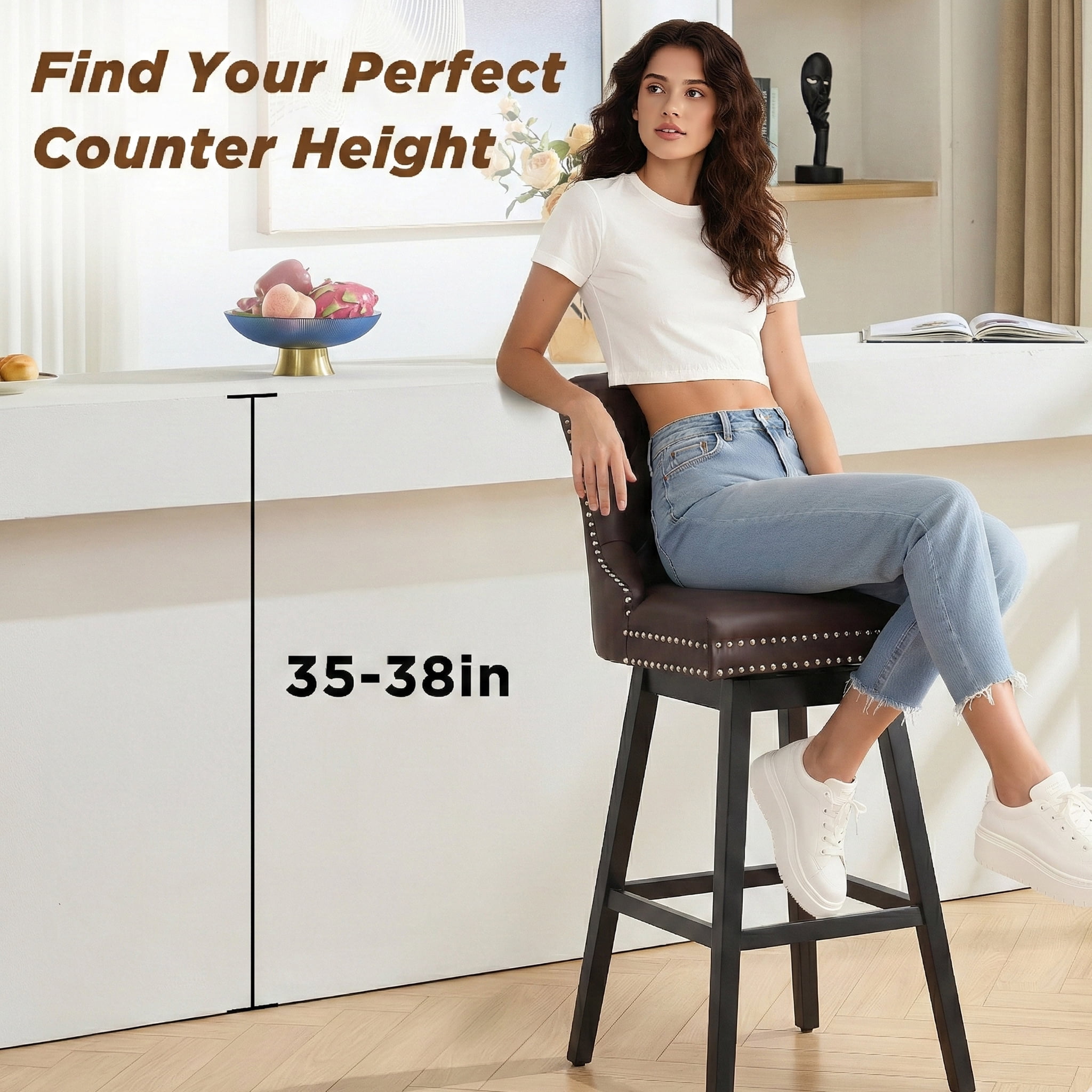 Fahomiss Swivel Bar Stools Counter Height Set of 2, 26" Faux Leather Kitchen Island Stools with Back, Brown