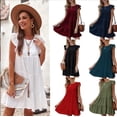 thumbnail image 2 of Robe à Manches Courtes Col Rond Couleur Unie Jupe Plissée Décontractée Vert Foncé S, 2 of 6