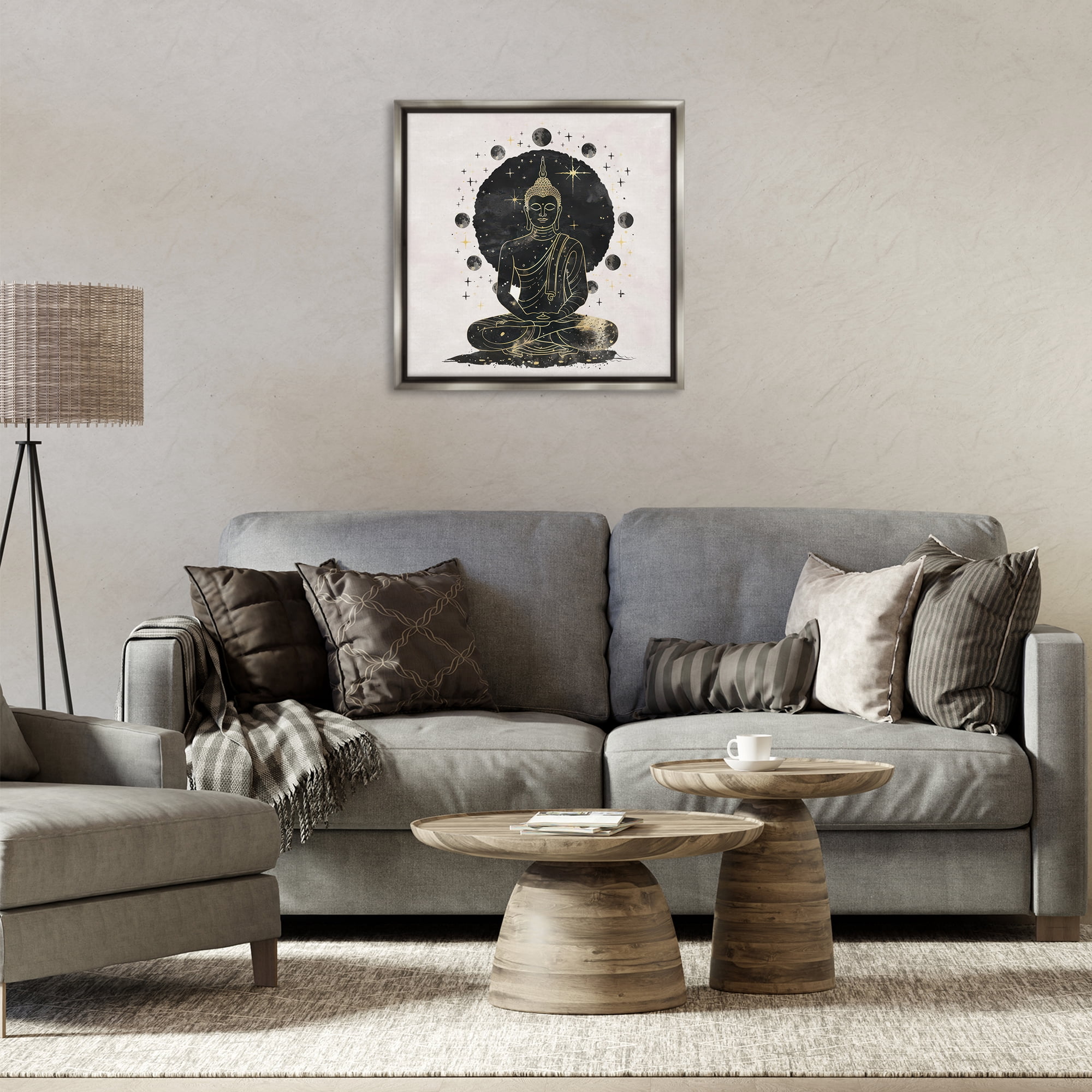 Stupell Industries Gilded Sitting Buddha Religious & Spiritual Painting Gray Floater Framed Canvas Art Print Wall Art, 25 x 25