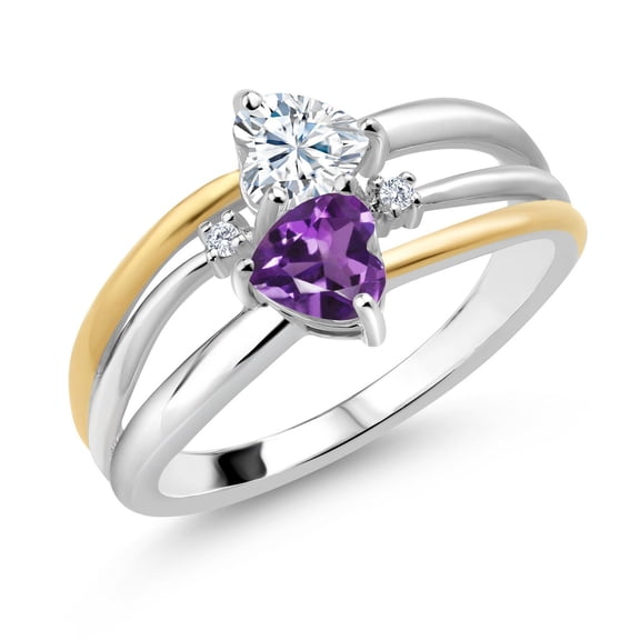 Gem Stone King 925 Silver and 10K Yellow Gold White Moissanite and Purple Amethyst and White Lab Grown Diamond Band Ring for Women (0.86 Cttw, Gemstone, Heart Shape 5MM, Size 6)