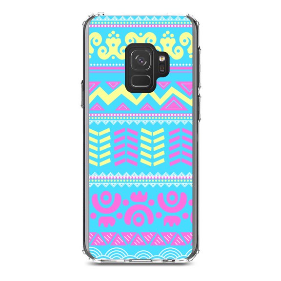 DistinctInk Clear Shockproof Hybrid Case for Samsung Galaxy S9 (5.8" Screen) - TPU Bumper, Acrylic Back, Tempered Glass Screen Protector - Yellow Pink Blue Aztec Tribal