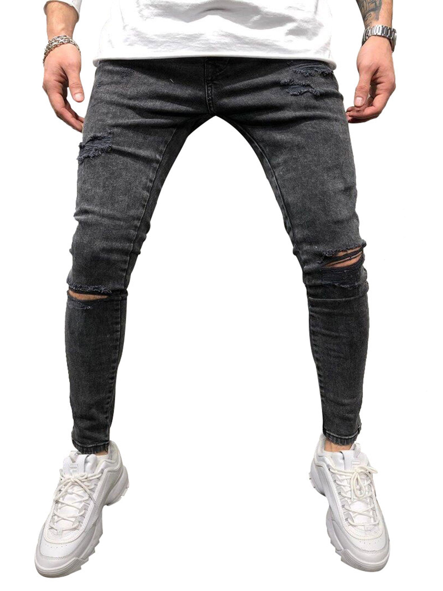 YenMY Men Frayed Pants Distressed Rip Trousers Slim Biker Zipper Denim Jeans Skinny 