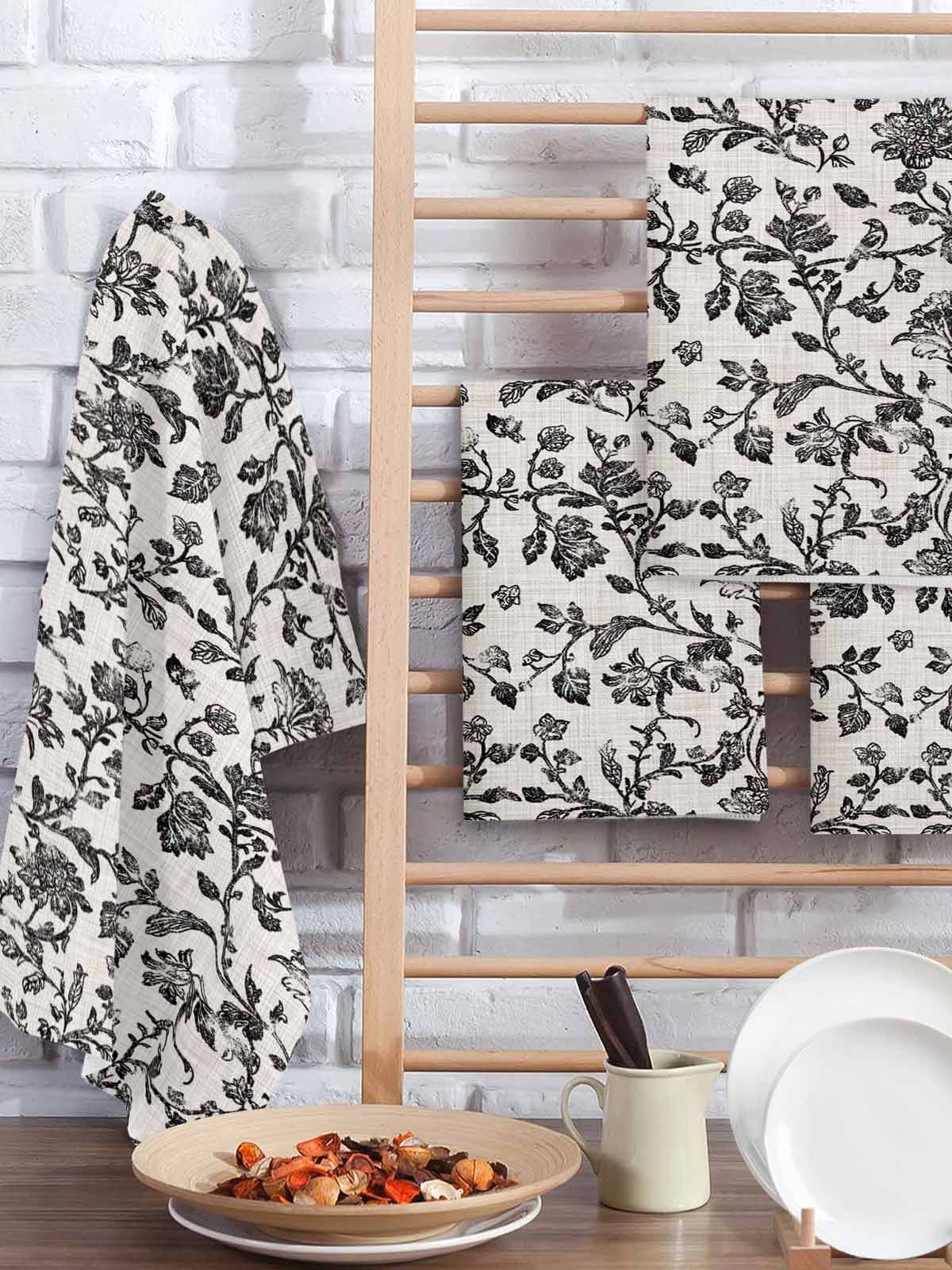 Farmhouse Black Kitchen Dish Towels for Drying Dishes Set of 3, Vintage Flower Leaf Botanical Plant Waffle Weave Microfiber Hand Tea Bathroom Towels Quick Dry & Absorbent Towel 15.7x23.6