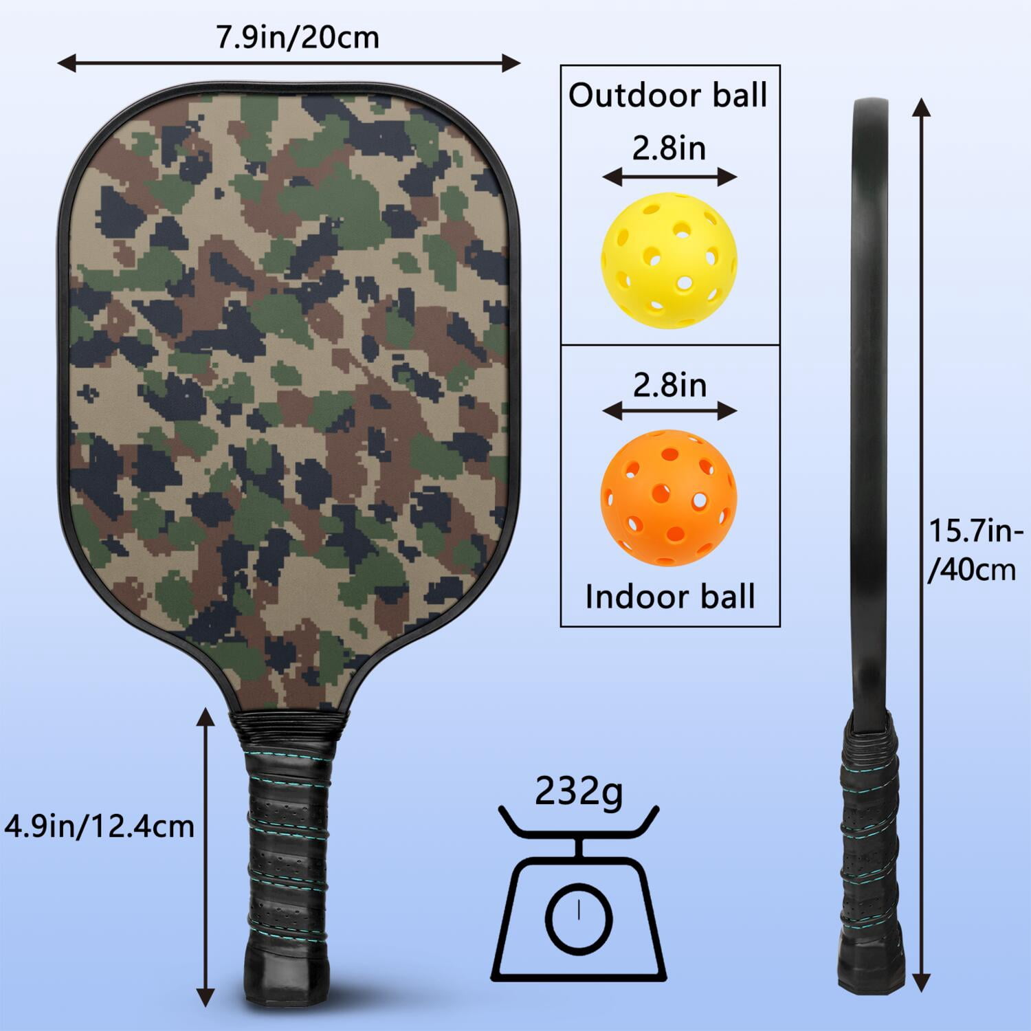 Pickleball Paddles Set Of 1, Fiberglass Surface, Camouflage Print, 1 Paddle, 2 Balls & Bag