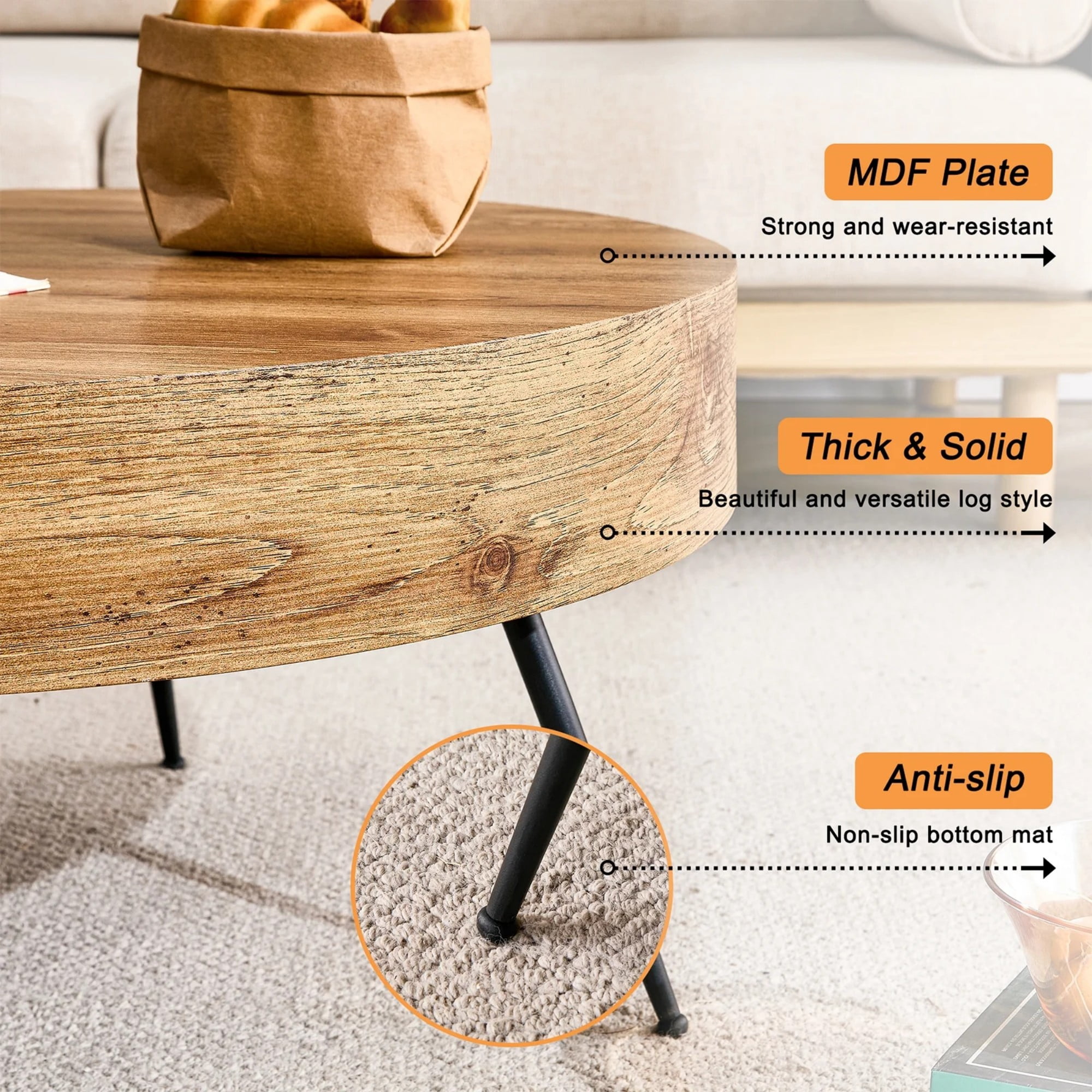 SUDICA 31.5 in Round Coffee Table, Rustic Wood Grain Finish with Black Metal Legs for Living Room