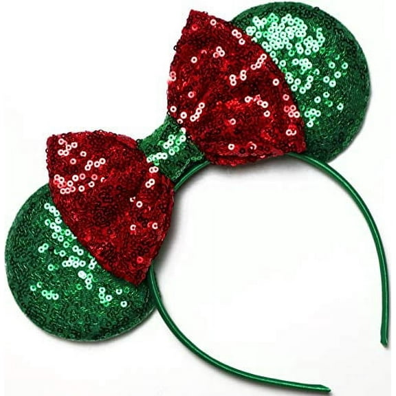 CLGIFT Rose gold Minnie Ears,Pick your color, Iridescent Minnie Ears, Silver gold blue minnie ears, Rainbow Sparkle Mouse Ears,Classic Red Sequin Minnie Ears (Christmas Green/Red)