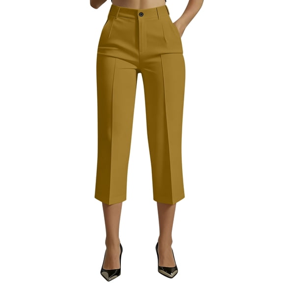 3/4 Length Work Trousers for Women Plain Comfy Elegant Slim Office Smart Stretch Suit Pants with Pockets Straight Leg Bootcut Yoga Palazzo High Waisted Business Workout Capri Pants