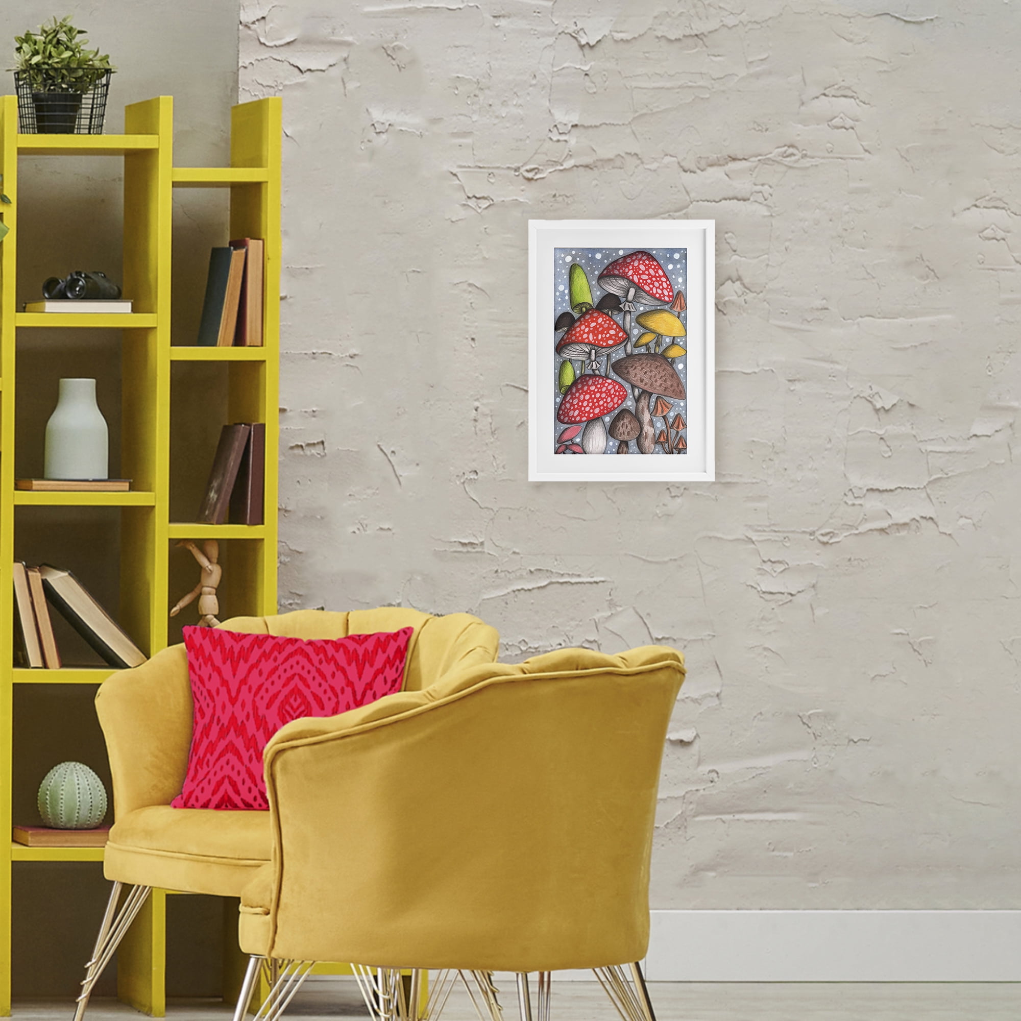 Sketched Magical Mushrooms White Framed Print Under Glass, design by Cecilia Battaini
