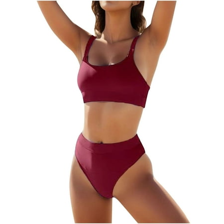 Arnsht Womens High Waisted Bikini Sets Sporty Crop Top Color Block Swimwear Bandeau Scoop Neck Vintage Two Piece Bathing Suits Wine M