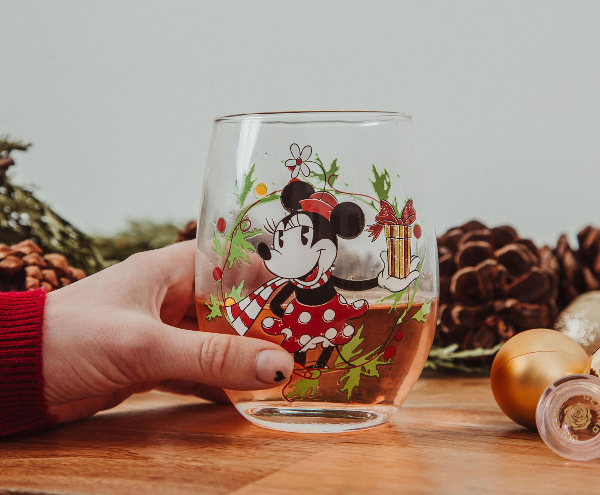 Disney Mickey and Minnie Christmas Sled Stemless Wine Glass Holds