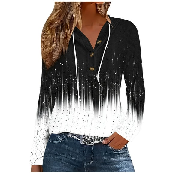 YUGYXL Women's Henley Hoodies Drawstring Button Long Sleeve Sweatshirt Dressy Tie Dye Hooded Clothes Black S