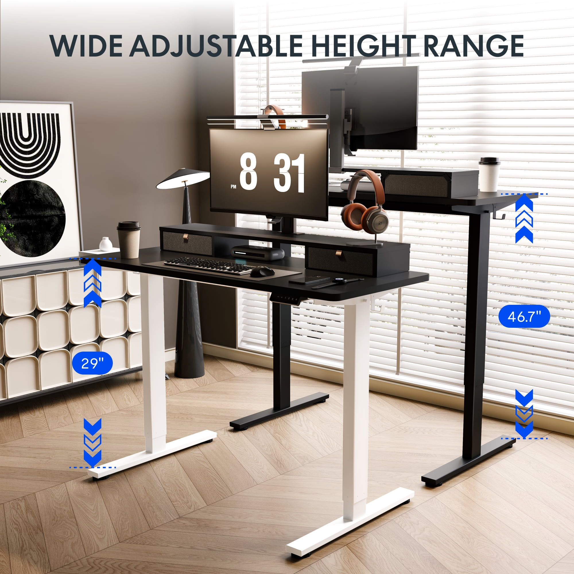 FlexiSpot 55"x24" Electric Standing Desk with One-Piece Desktop, 2 Removable Drawers, Headphone Hook, 4 Height Memory Presets, 250lbs Capacity Ergonomic Sit Stand Desk with Monitor Stand