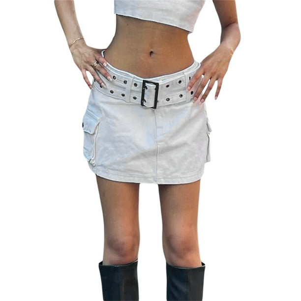 Genuiskids Women Mini Cargo Skirt 90S Low Waist Denim Skirts Solid Color Pockets Pencil Skirt Summer Fashion Wrapped Hip Short Skirts with Belt