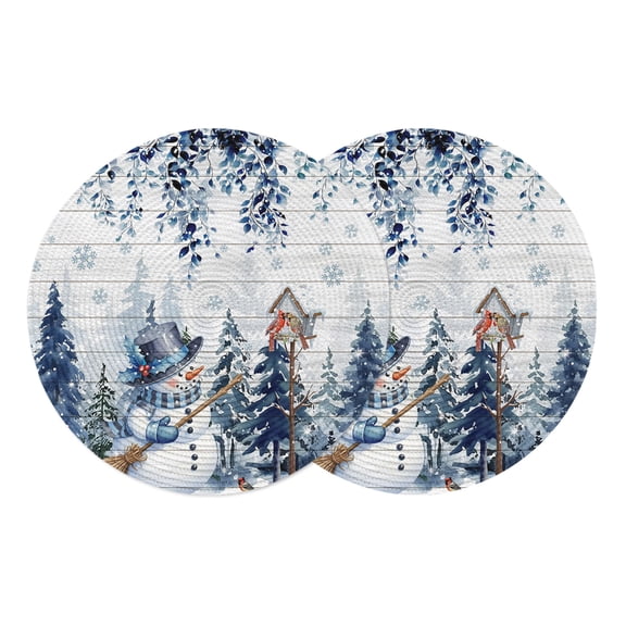 Blue Christmas Round Placemats Set of 2,Braided Polypropylene Place Mats,Snowman Eucalyptus Leaves Snowflake Wooden Washable Table Mats for Kitchen Dinner Holiday Wedding Party Coffee Table Decor 13"