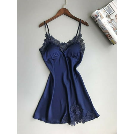 Coduop Women Silk Satin Sleepwear Dress Babydoll Lace Sleepwear V-Neck Mini Skirt
