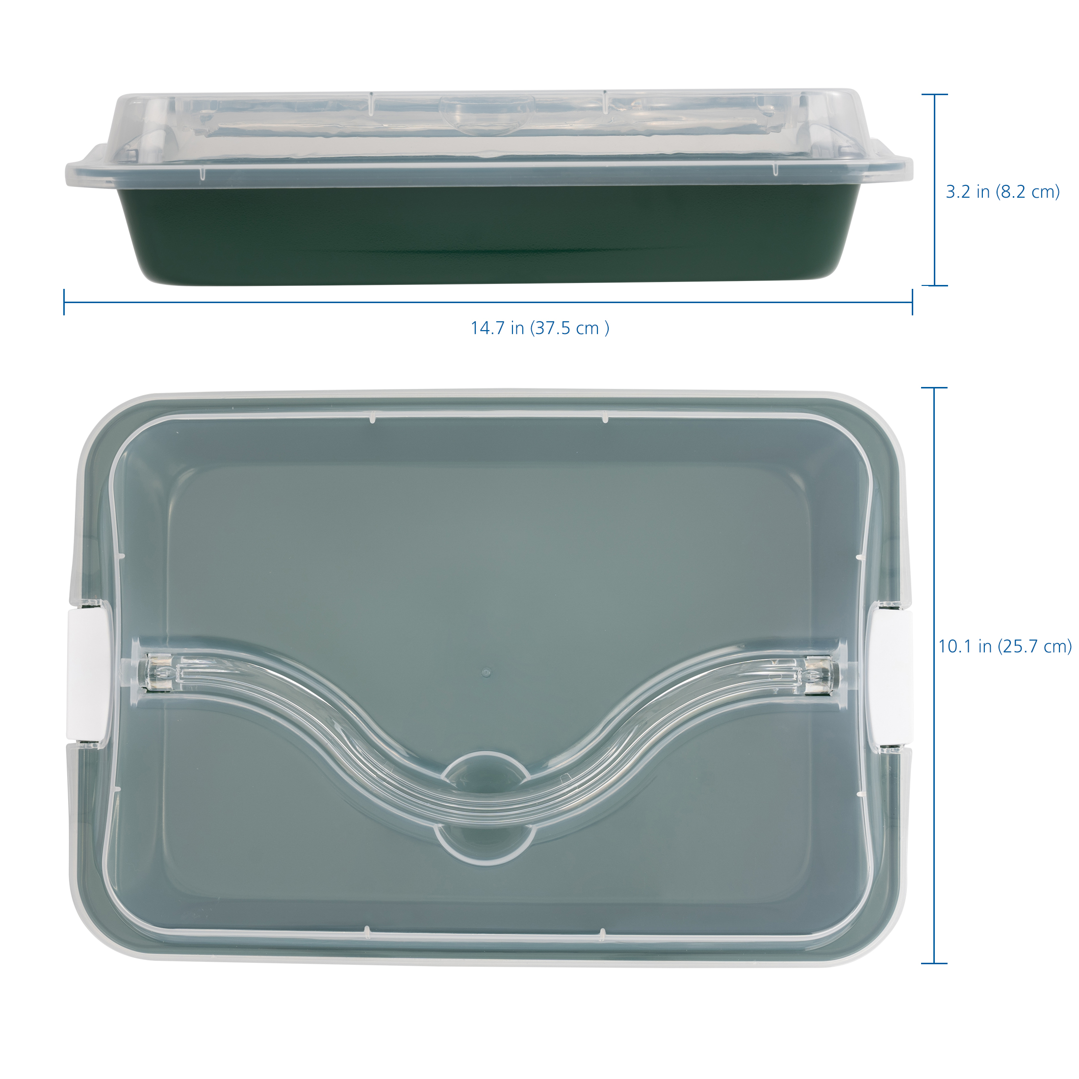Holiday Time Bakeware Rectangular Cake Pan with Plastic Lid, Green, Handle, Non-Stick, Carbon Steel