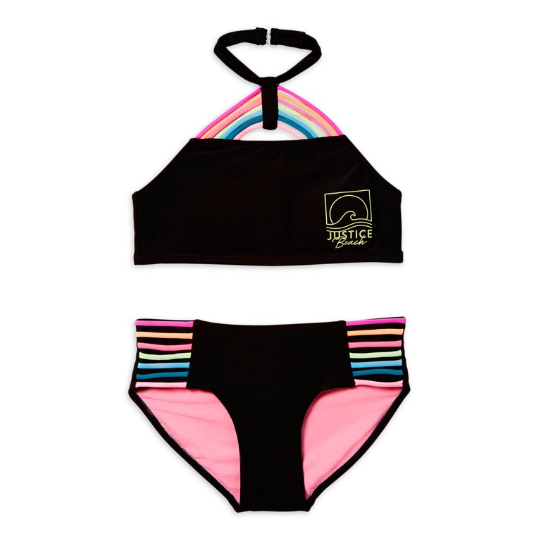 Girls Black Rainbow Halter Bikini Set
