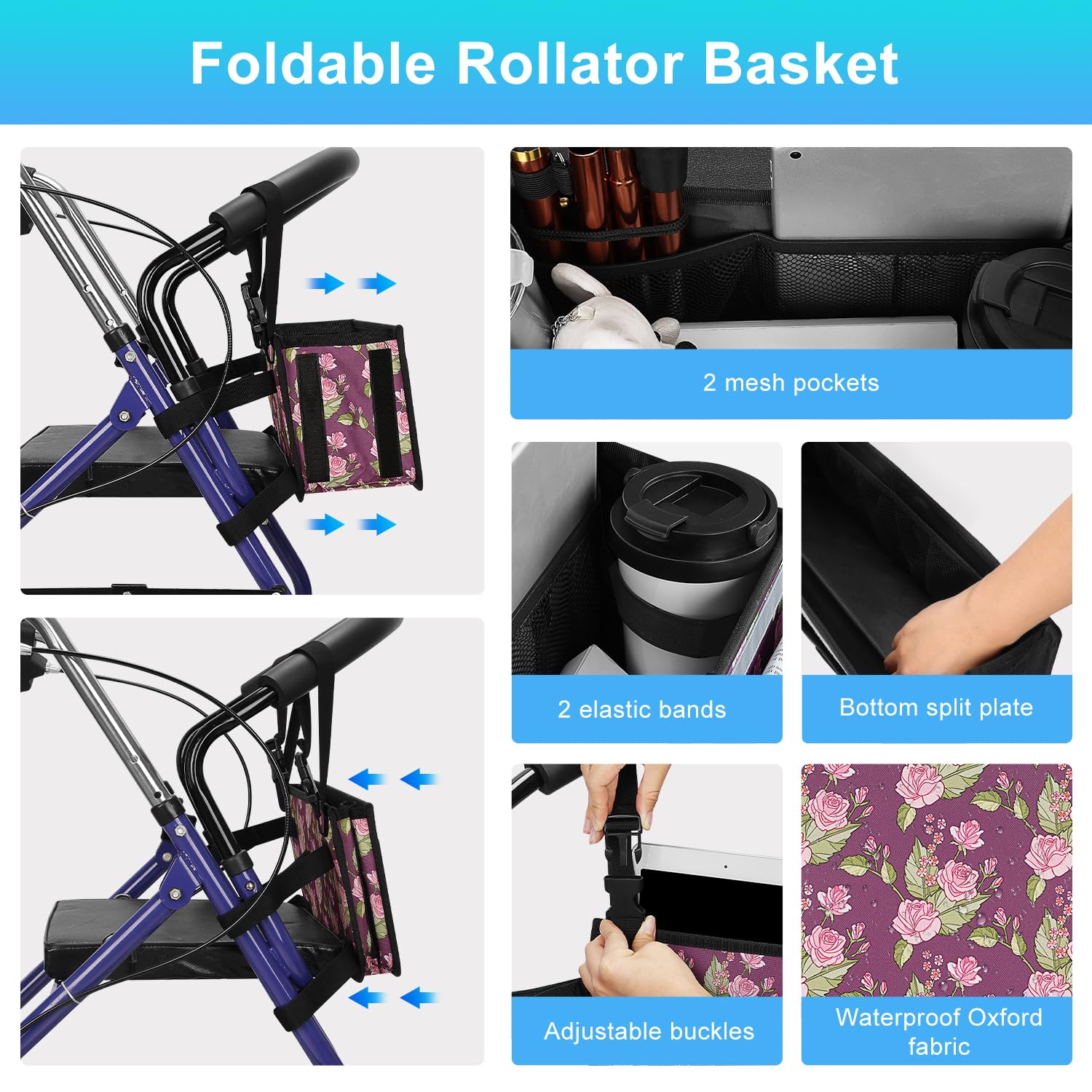 SupreGear Foldable Waterproof Rollator Bag with Cup Holder, Floral Purple Storage Pouch for Walker