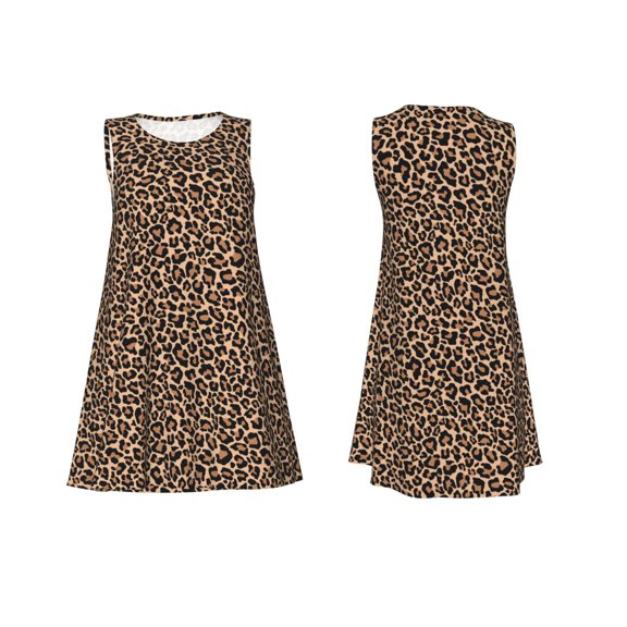 Horeoi Brown Leopard Print Women's Sleeveless Dress Cotton-like Flared Hem Deep Side Pockets Above-Knee