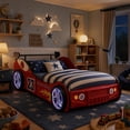 thumbnail image 6 of Twin Size Race Car Bed for Kids with LED Wheels, Wooden Platform Frame, Headboard & Slats for Boys Toddlers Bedroom, Red, 6 of 11