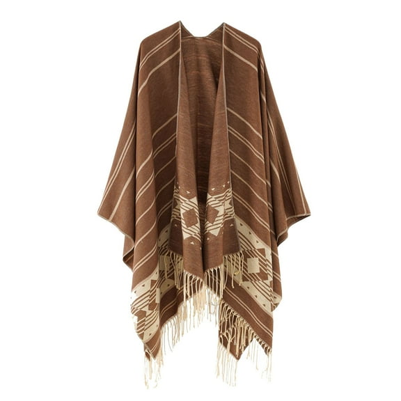 Hfyihgf Winter Warm Shawl Wraps Cape for Women Fall Knit Vintage Pattern Ponchos Oversized Open Front Blanket Sweater Tassel Hem Scarf Coat(Coffee,Free Size)