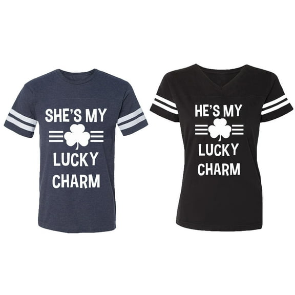 He She is My Lucky Charm Matching Couple Cotton Jerseys (Men Navy / Women Black) (Men S / Women S)