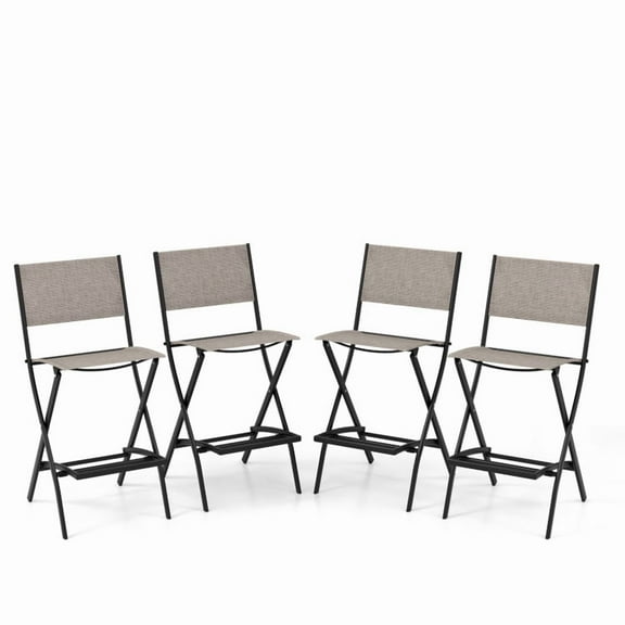 Spaco Outdoor Folding Bar Height Stool Set of 4 with Metal Frame and Footrest-Coffee, Outdoor Stackable Dining Chairs for All Weather, Breathable Garden Outdoor Furniture for Backyard Deck