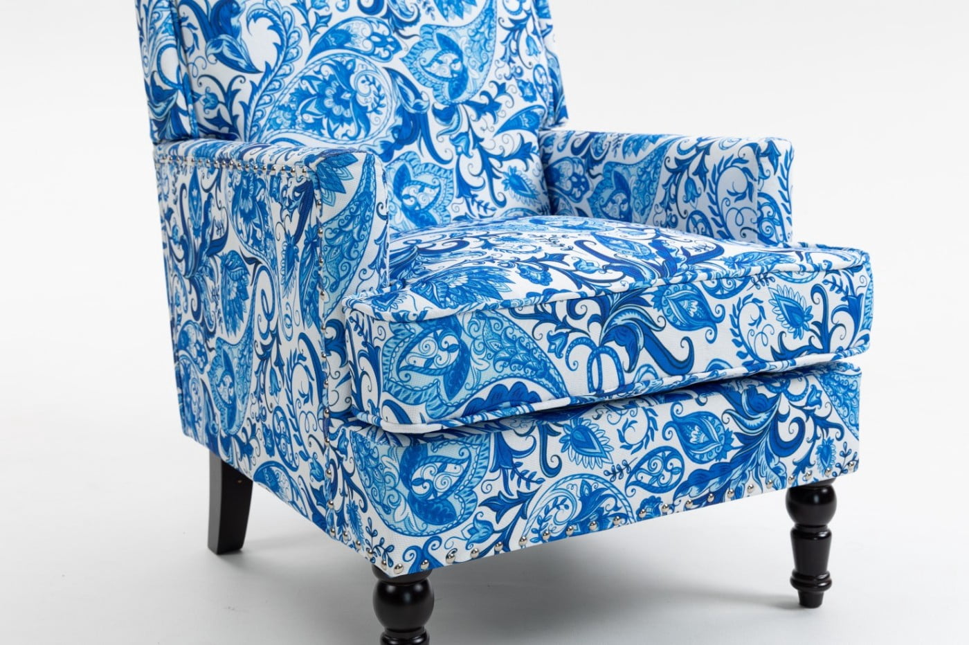 Upholstered Accent Chair with Nailhead Trim, Vintage Striped Linen Armchair, High-Density Foam Reading Chair with Solid Wood Legs for Living Room, Bedroom, Home Office, Blue & White Stripes