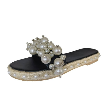 

Pgeraug slippers for women Women s Pearl Fashion One-Word Slippers Flat Large Size Sandals And Slippers Women Shoes Black 41