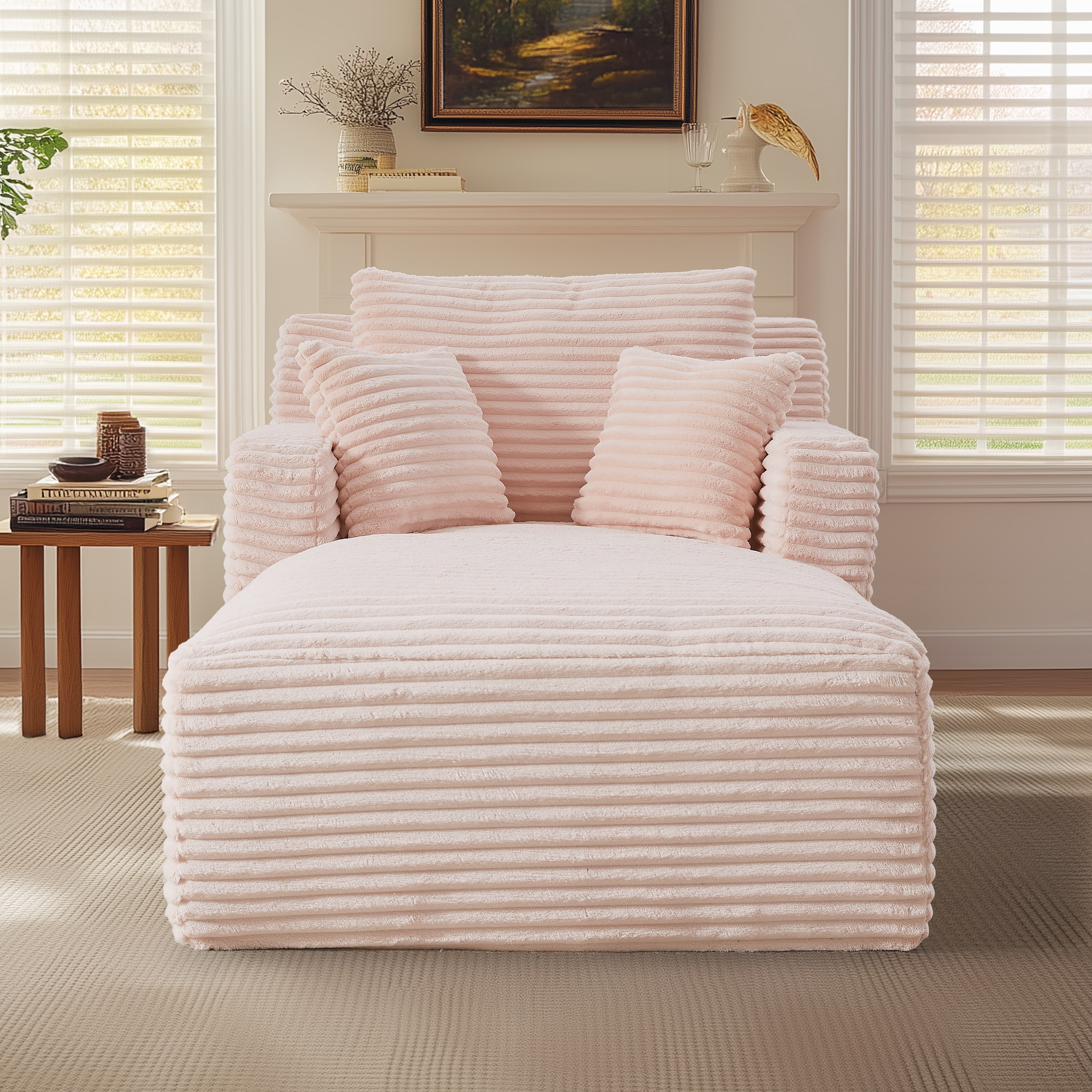 MAYEERTY Single Corduroy Chaise Lounge Sofa, Modern Couch with Spring Cushion for Apartment, 65*39*33"Pink