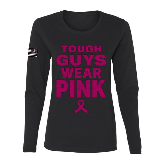 Wild Bobby Tough Guys Wear Pink Distressed US Flag Breast Cancer Awareness Women Graphic Long Sleeve Tee, Black, Small