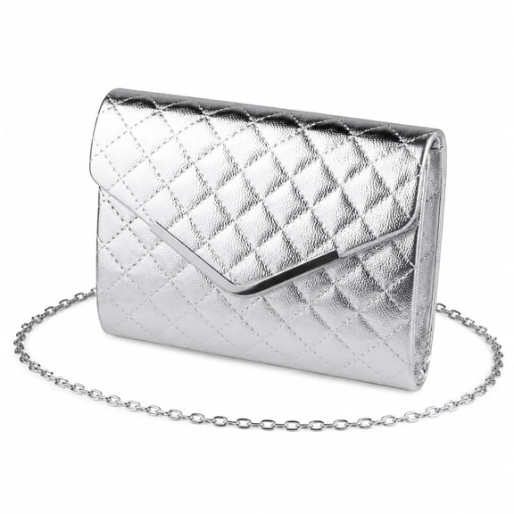 Women’s Metallic Silver Quilted Evening Clutch Purse with Detachable Chain Strap for Wedding, Prom, Party and Cruise
