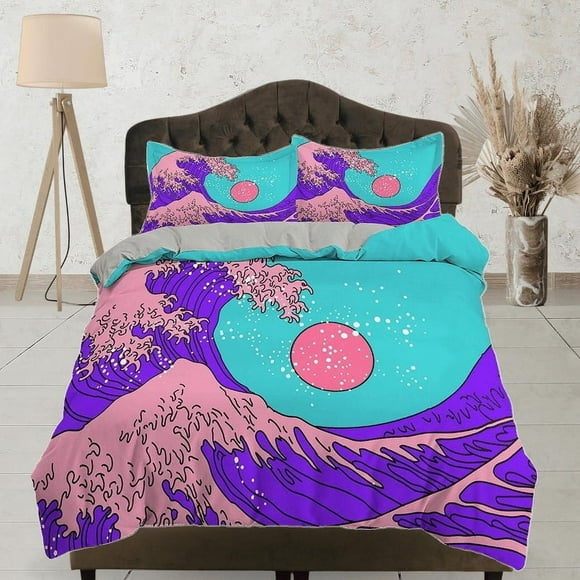 The Great Wave Bedding, Vaporwave Hippie Bedding, Japanese Duvet Cover Set,