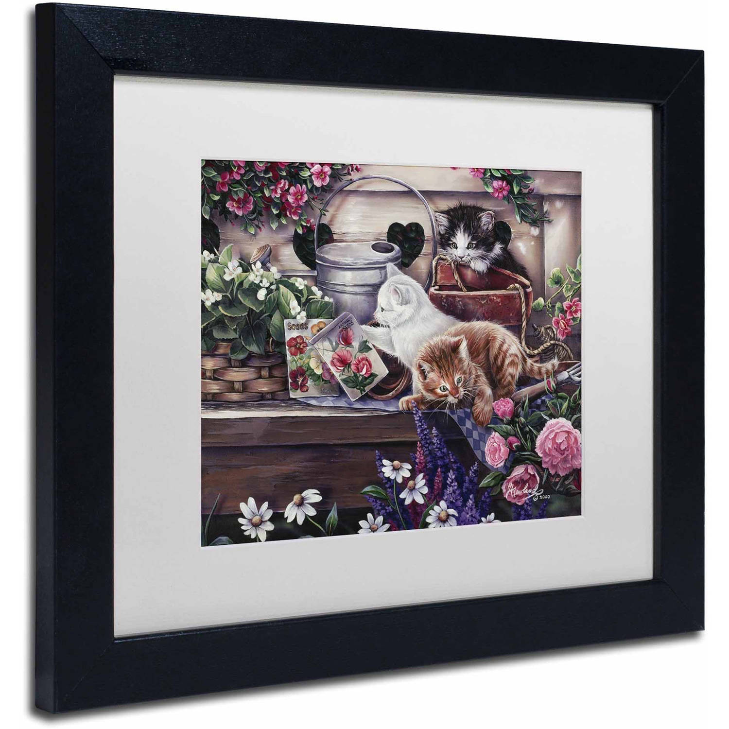 Trademark Fine Art 'Playful Kittens' Canvas Art by Jenny Newland, White Matte, Black Frame