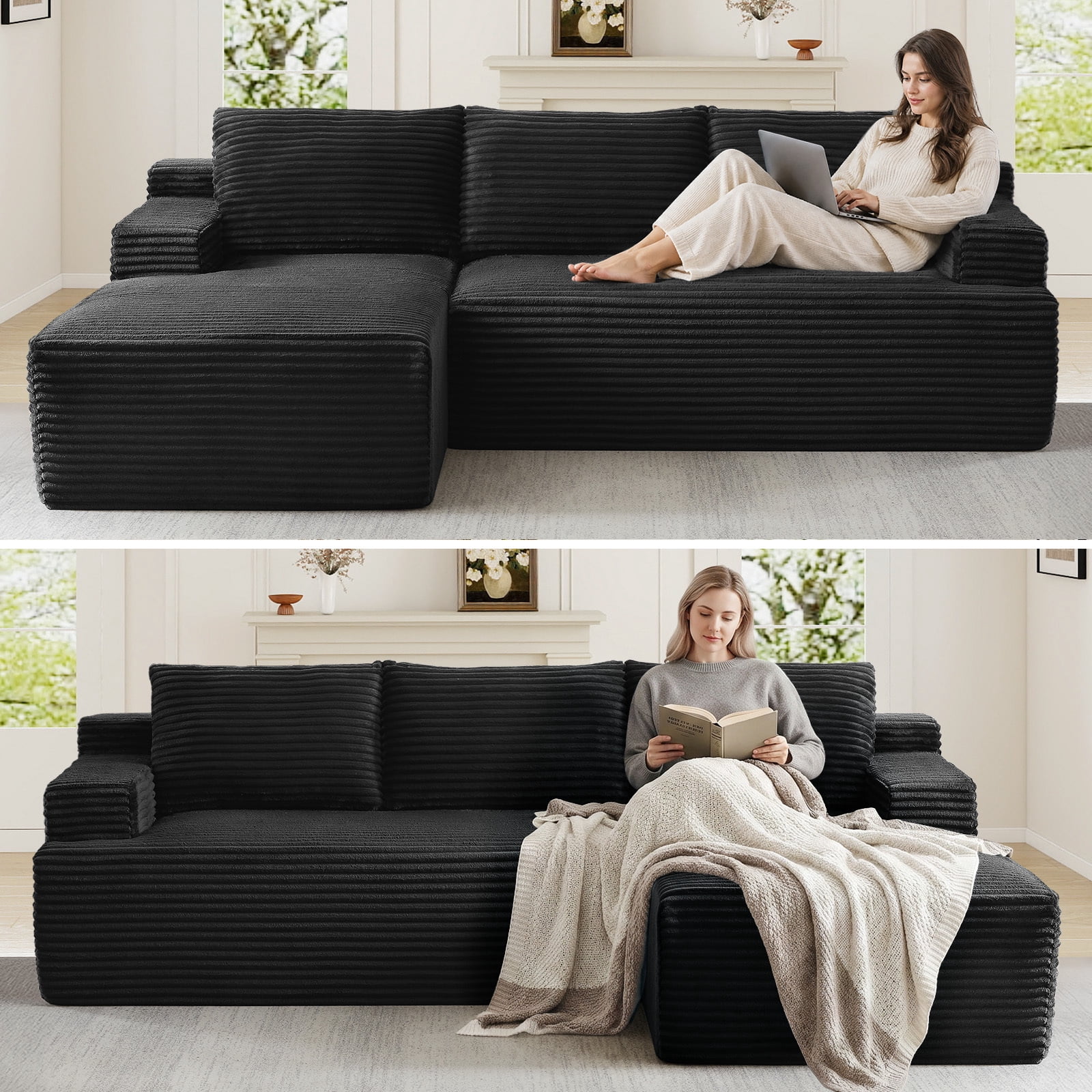 Muumblus L-Shaped Modular Sectional Sofa with Chaise, Boneless Deep Seat Cloud Couch, No Assembly Corduroy Sleeper Sofa for Living Room, Black（Left Facing Chaise）