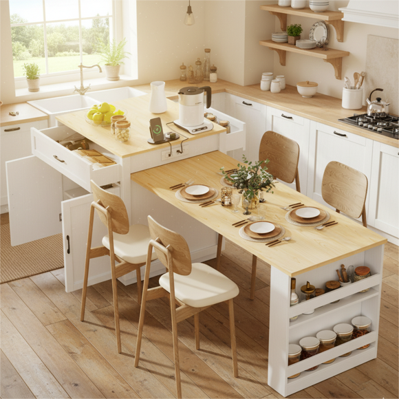 Homy Casa Rolling Kitchen Island with Pull-Out Table and Two-Tone Storage